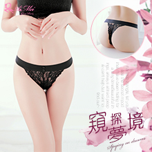 窺探夢境！彈力腰帶小鈕扣蕾絲T字褲﹝黑﹞